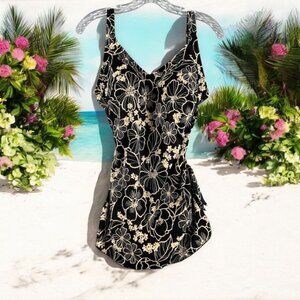 Vintage Roxanne One Piece Swim 12 / 36 D Bra Sized Black Beige Floral Tummy Cont